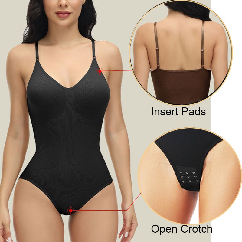 GUUDIA V Neck Spaghetti Strap Bodysuits Compression Body Suits Open