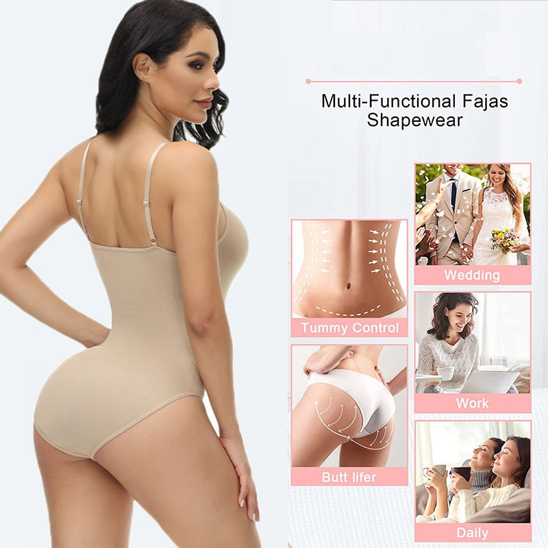 GUUDIA V Neck Spaghetti Strap Bodysuits Compression Body Suits Open