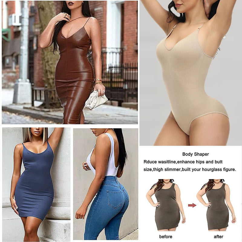 GUUDIA V Neck Spaghetti Strap Bodysuits Compression Body Suits Open