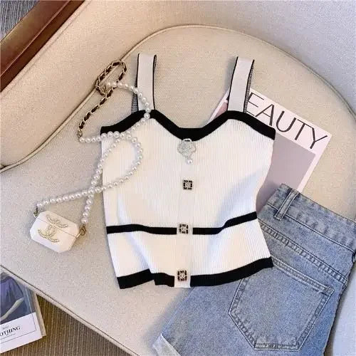 Summer Slim Button Design Bottom Camisole Short Tank Top Women's French Style 3d Tie Flowers Crop Top Small Halter Knit Vest