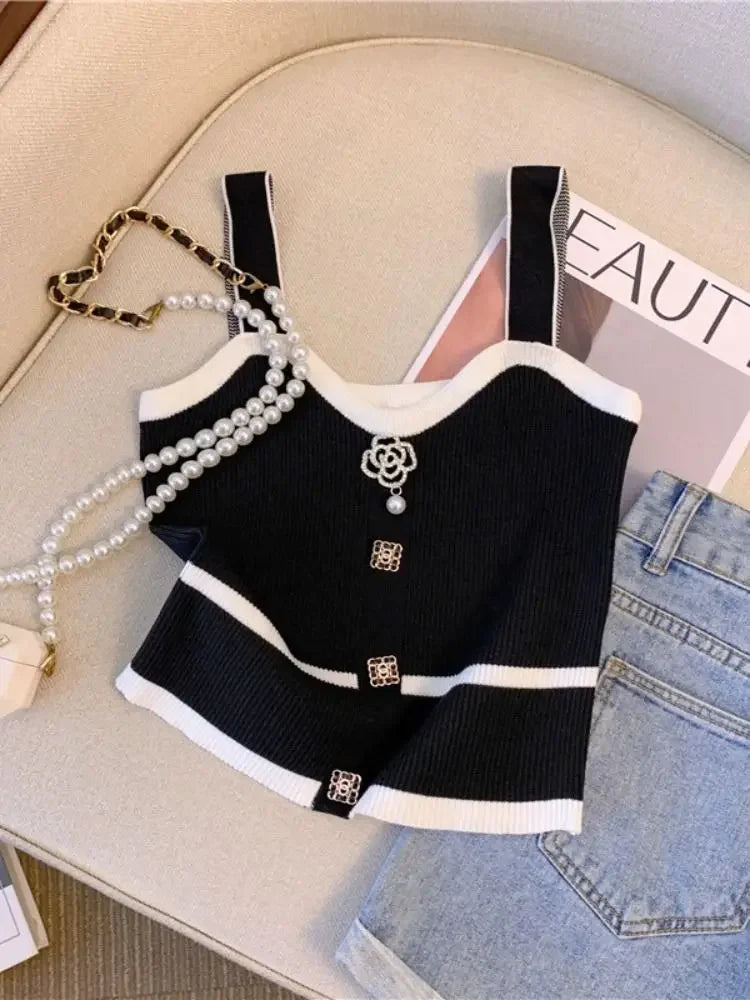 Summer Slim Button Design Bottom Camisole Short Tank Top Women's French Style 3d Tie Flowers Crop Top Small Halter Knit Vest