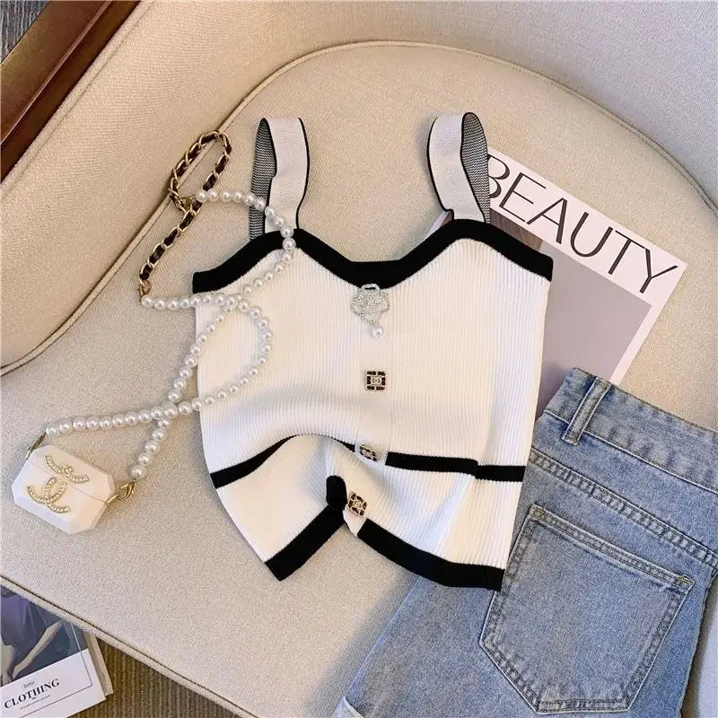 Summer Slim Button Design Bottom Camisole Short Tank Top Women's French Style 3d Tie Flowers Crop Top Small Halter Knit Vest