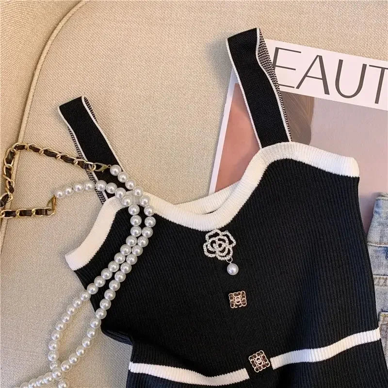 Summer Slim Button Design Bottom Camisole Short Tank Top Women's French Style 3d Tie Flowers Crop Top Small Halter Knit Vest
